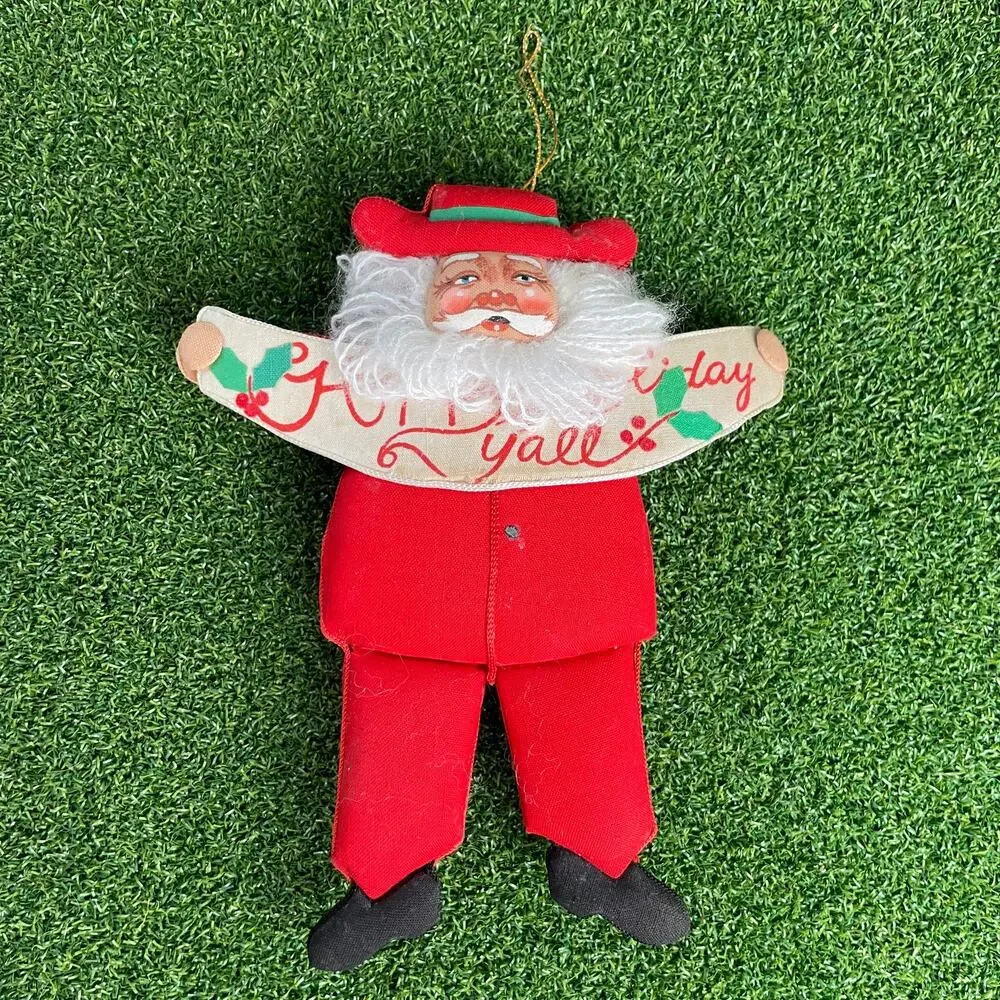 Vintage Midcentury Christmas Hand Painted Santa Ornament Happy Holidays Yall